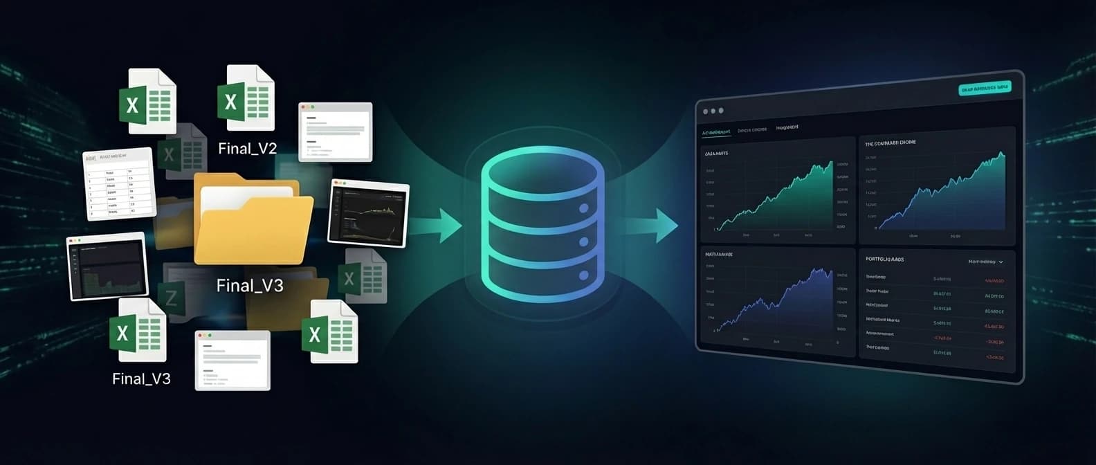 BacktestBase workflow: Scattered TradingView Excel backtest files and folders flowing into a centralized database, outputting to a professional trading strategy dashboard with equity curves, performance metrics, and portfolio analytics